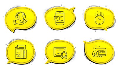 Web system sign. Diploma certificate, save planet chat bubbles. Time, Credit card and Smartphone notification line icons set. Clock, Loan percent, Chat message. Computer. Technology set. Vector
