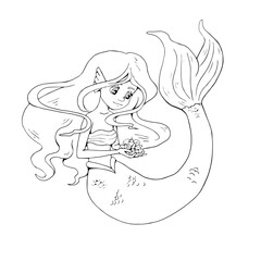 Cute cartoon mermaid with various seashells in her hand. Sea theme. Isolated object on white background. White and black vector illustrations for coloring book.