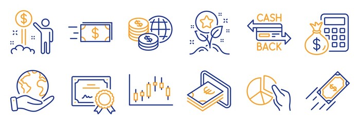 Set of Finance icons, such as Money transfer, Cashback card. Certificate, save planet. Fast payment, Pie chart, Income money. Finance calculator, Loyalty points, Candlestick graph. Vector