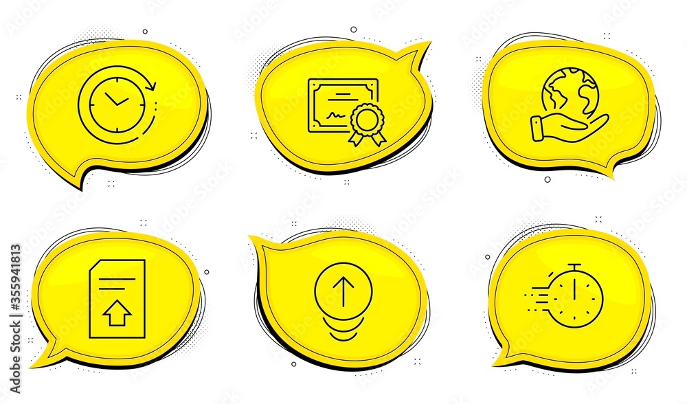 Poster cooking timer sign. diploma certificate, save planet chat bubbles. upload file, time change and swip