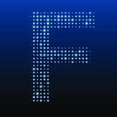 Letter F symbol evenly filled with white dots of various sizes. Vector illustration on blue background