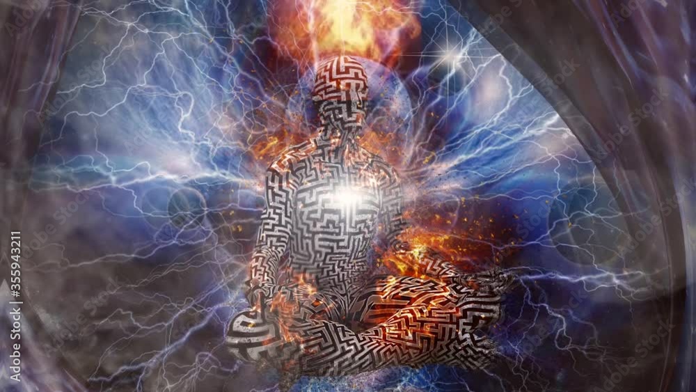 Poster the power of meditation. burning man with maze pattern meditates in endless space animation
