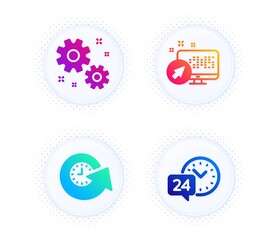 Update time, Work and Web system icons simple set. Button with halftone dots. 24h service sign. Refresh watch, Settings, Computer. Call support. Technology set. Gradient flat update time icon. Vector