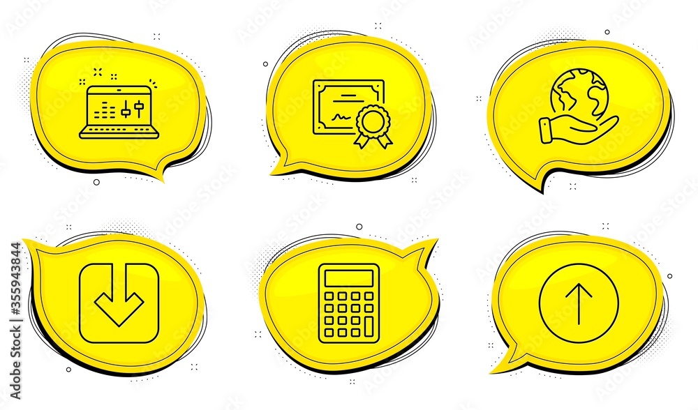 Poster swipe up sign. diploma certificate, save planet chat bubbles. sound check, load document and calcula