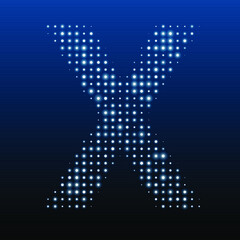Letter X symbol evenly filled with white dots of various sizes. Vector illustration on blue background