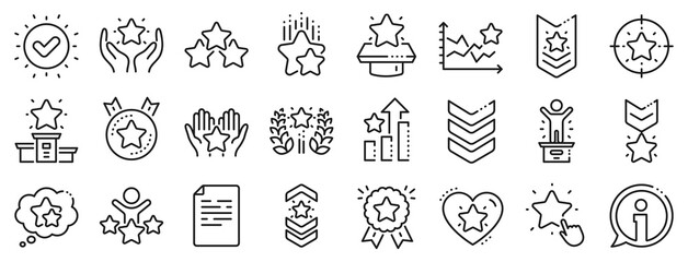First place, star rating and winner medal. Ranking line icons. Shoulder strap, army achievement and victory ribbon icons. Star ranking, champion and winner trophy. Best level. Vector
