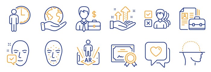 Set of People icons, such as Waiting, Face biometrics. Certificate, save planet. Augmented reality, Analysis graph, Vacancy. Face accepted, Businessman case, Heart. Opinion line icons. Vector