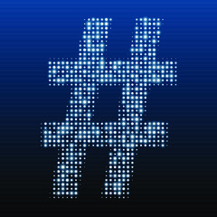 The hash sign symbol is evenly filled with white dots of different sizes. Vector illustration on blue background