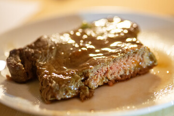 Medium rare juicy steak cut down the middle