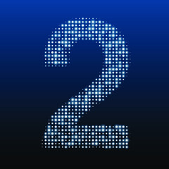 The number 2 is evenly filled with white dots of different sizes. Vector illustration on blue background