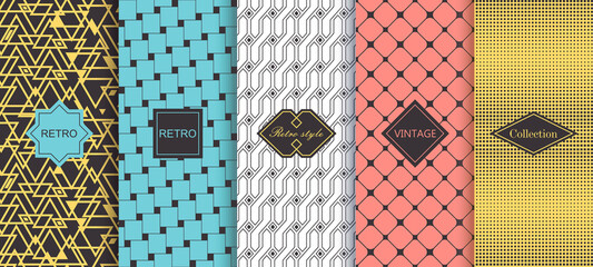 Set of abstract geometric backgrounds in bright retro colours with seamless textured patterns. Vector illustration. Template greeting card, invitation and advertising banner, brochure - 355944695