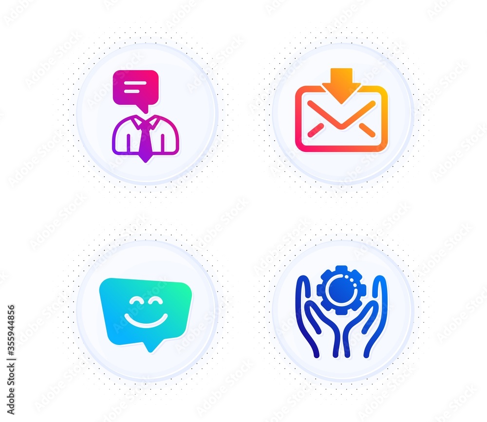 Poster incoming mail, support service and smile face icons simple set. button with halftone dots. employee 