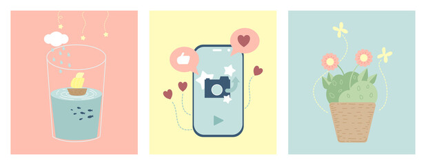 Feel good illustration set in optimistic concept, flower pot, smartphone, boat in glass.