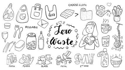 beautiful illustration cute doodle set of Zero Waste lifestyle, sustainable living concept. Lunch box, cloth bag, glass jars, mug cup, waste disposal and management, environment, eco friendly, plast