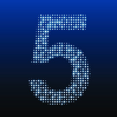 The number 5 is evenly filled with white dots of different sizes. Vector illustration on blue background