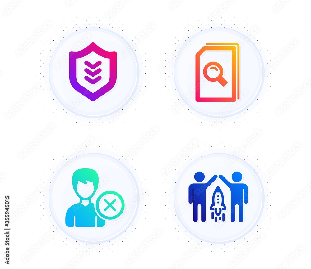 Poster remove account, search files and shield icons simple set. button with halftone dots. partnership sig