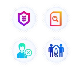 Remove account, Search files and Shield icons simple set. Button with halftone dots. Partnership sign. Delete user, Magnifying glass, Protection or security. Business startup. Business set. Vector