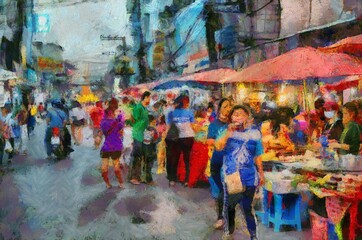 Obraz na płótnie Canvas Food market in the city in the provinces of Thailand Illustrations creates an impressionist style of painting.