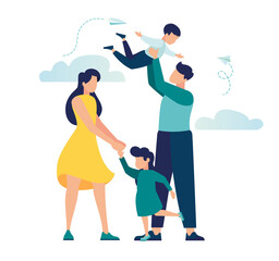 vector illustration of a happy family, mother father daughter son holding hands and hugging, complete prosperous family