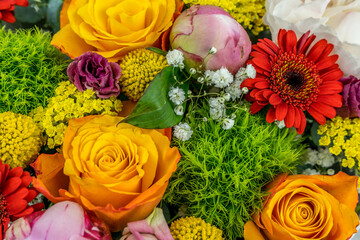 Beautiful bouquet of different colorful flowers for any purposes. Spring style. Romantic wedding background. Floral design.
