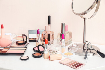 Set of decorative cosmetics on table