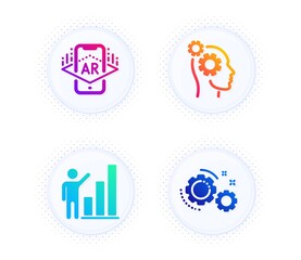 Thoughts, Augmented reality and Graph chart icons simple set. Button with halftone dots. Gears sign. Business work, Phone simulation, Growth report. Work process. Science set. Vector