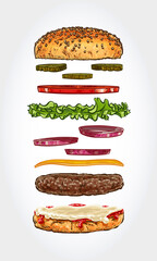 Hand drawn vector illustration of flying burger ingredients.
