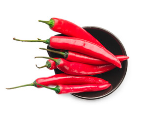 Hot chili pepper in bowl on white background