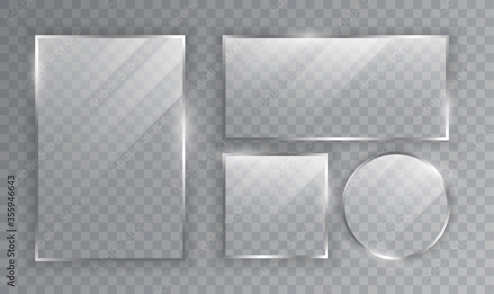 Poster assorted shaped sheets of transparent glass with undulating edges and reflections of light, vector i