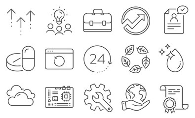 Set of Science icons, such as Portfolio, Swipe up. Diploma, ideas, save planet. Motherboard, Cloudy weather, Resume document. Organic tested, Audit, 24 hours. Vector