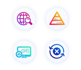 Report statistics, Internet search and Pyramid chart icons simple set. Button with halftone dots. Reject refresh sign. Graph chart, Web finder, Report analysis. Update rejection. Vector