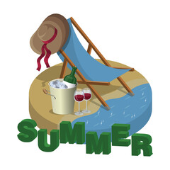 Blue deckchair with a wide-brimmed summer hat stands on beach. Bucket cooler for wine with a bottle and two glasses with drink
