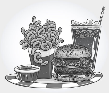Hand drawn grayscale vector illustration of a burger with curly fries, ketchup and iced soda.