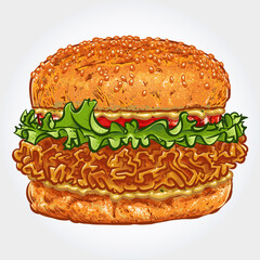 Hand drawn vector illustration of a crispy chicken burger on white background.