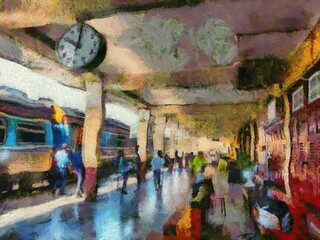 The clock at the train station Illustrations creates an impressionist style of painting.