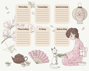 Timetable for school. Weekly planner template with a cute cartoon girl wearing yukata and sakura. Illustration of Japan Hanami Festival.