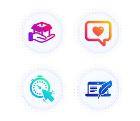 Love message, Hold box and Timer icons simple set. Button with halftone dots. Copyright laptop sign. Dating service, Delivery parcel, Time management. Writer device. Technology set. Vector