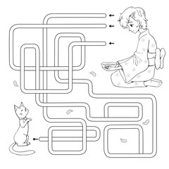 Labyrinth. Maze game for kids. Help cute anime girl wearing yukata feed Maneki Neko. Find path to cat. Japan Hanami Festival. White and black vector illustration for coloring book.