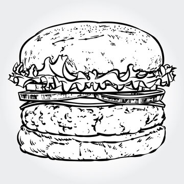 recommend clip art: Hand drawn vector illustration of a hamburger, black and white line art isolated on white background.
