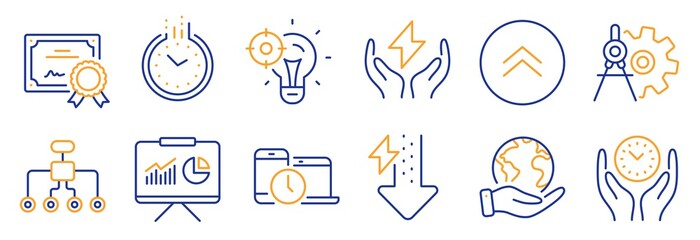 Set of Science icons, such as Time, Energy drops. Certificate, save planet. Cogwheel dividers, Seo idea, Swipe up. Time management, Restructuring, Safe energy. Presentation line icons. Vector