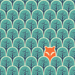 Fox in a forest seamless pattern. Vector design background.