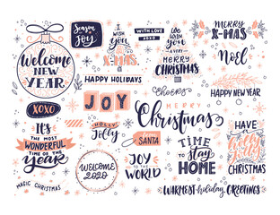 Winter and Christmas lettering. Holiday set with decorative Elements