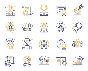 Success line icons. Winner cup, goal target, certificate. Reward, medal with ribbon, crown icons. Award, winner podium, first place success. Statue, diploma with certificate, challenge. Vector