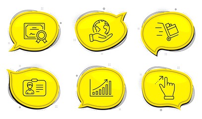 Touchscreen gesture sign. Diploma certificate, save planet chat bubbles. Push cart, Graph chart and Identification card line icons set. Express delivery, Growth report, Person document. Swipe. Vector
