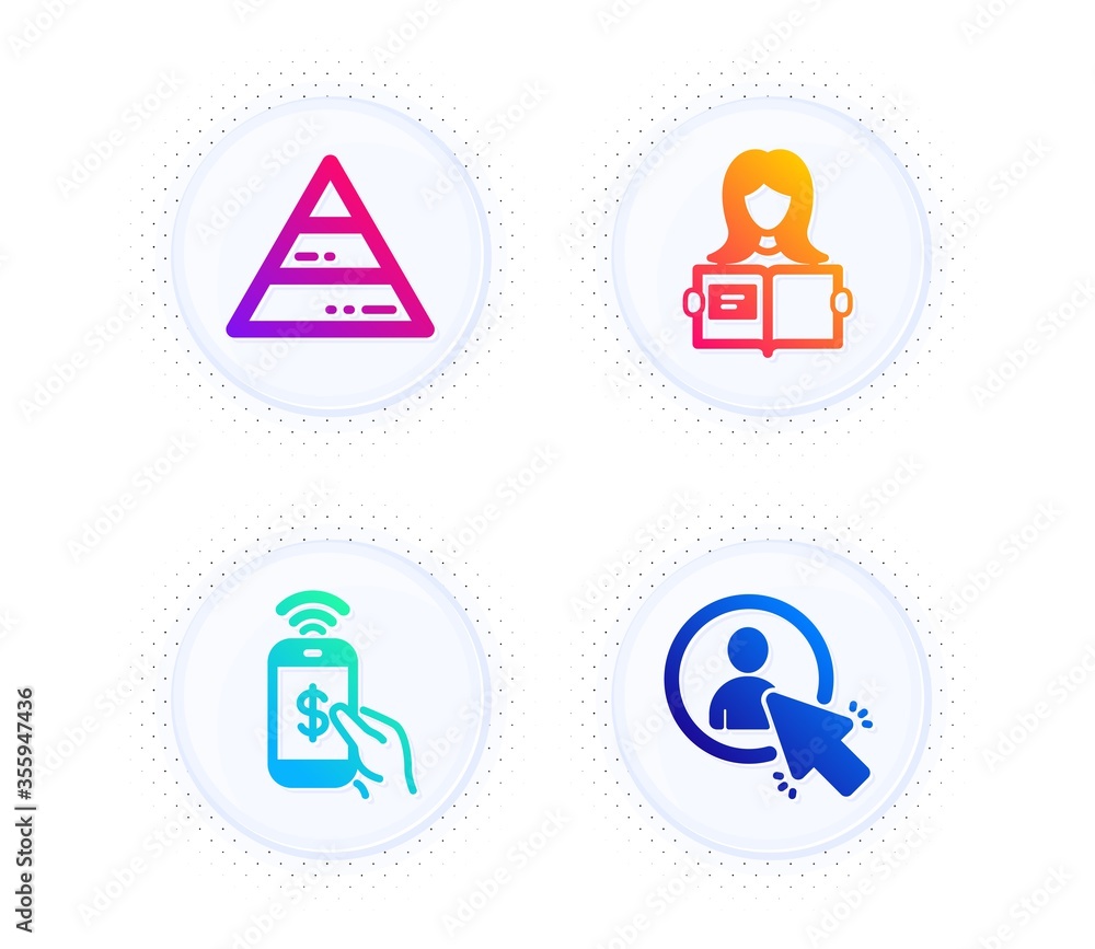 Poster phone payment, woman read and pyramid chart icons simple set. button with halftone dots. user sign. 