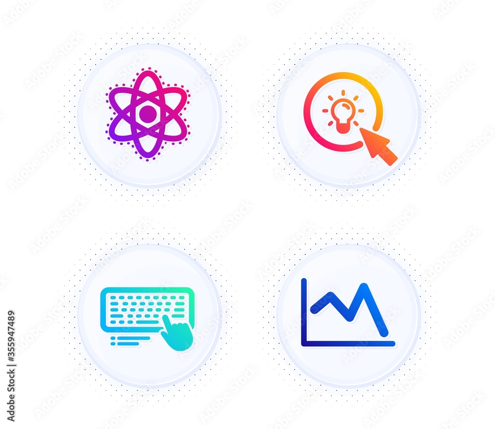 Poster energy, computer keyboard and chemistry atom icons simple set. button with halftone dots. line chart