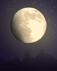 full moon against the background of the starry sky over the dark silhouette of the mountains. dark purple and yellow vector hand draw landscape nature illustration