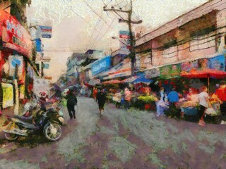 Food market in the city in the provinces of Thailand Illustrations creates an impressionist style of painting.