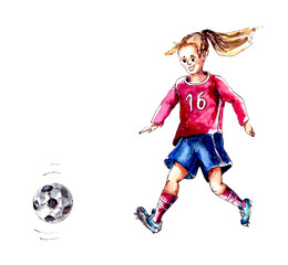 Cute little child dreams of becoming a soccer player. Girl plays football.