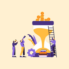 Efficient business team work concept flat vector illustration. Big hourglass at center with money, ladder and cartoon people.